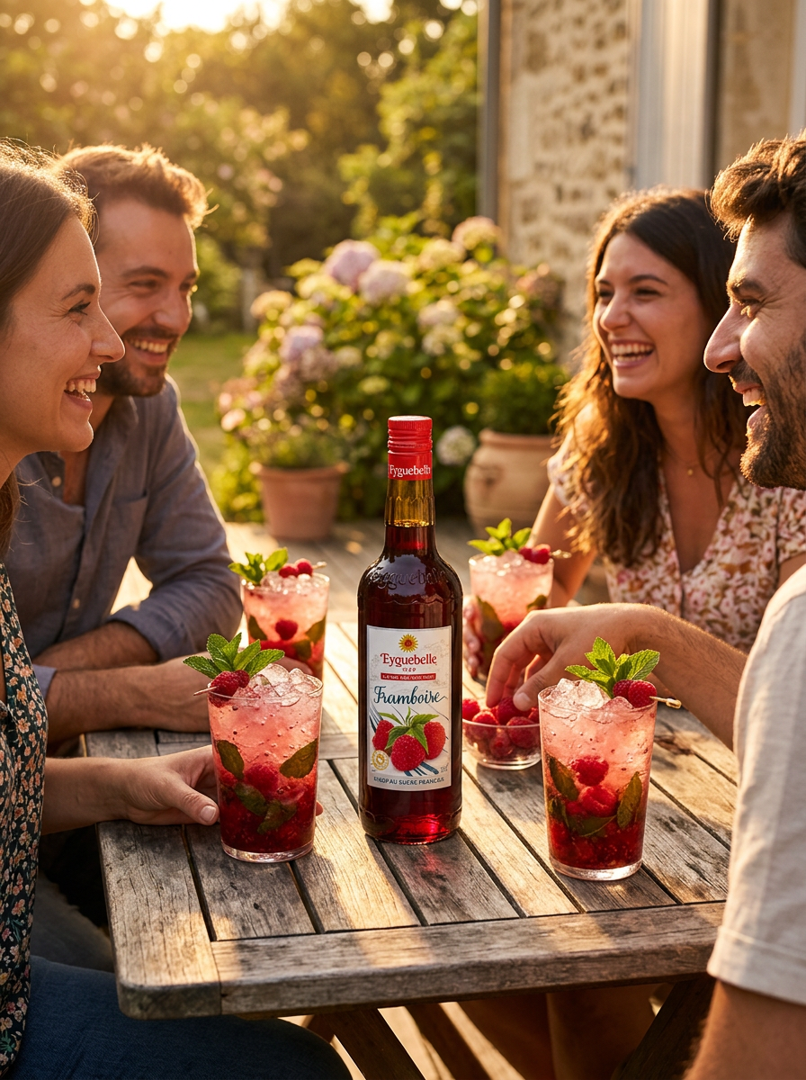 Scène lifestyle ambiance terrasse d'été ou jardin, 2 à 3 verres de virgin mojito framboise rose intense avec glace pilée, framboises et menthe fraîche, bouteille de sirop frambo